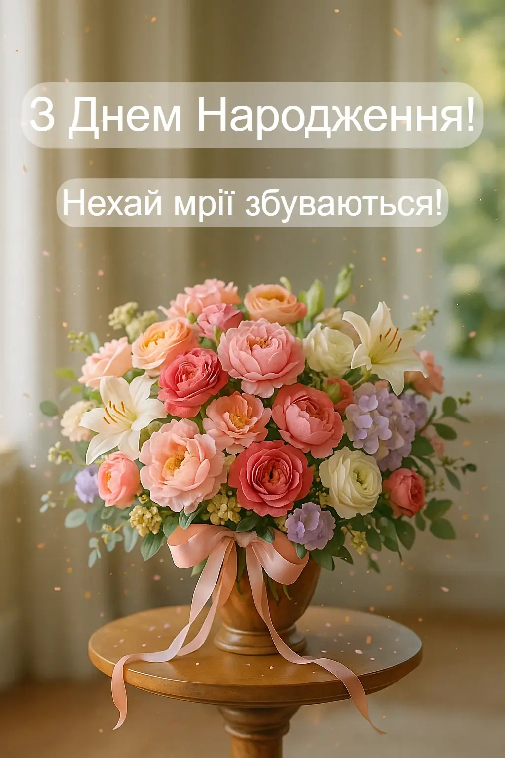 Красиві привітання з днем народження жінці з великим букетом квітів в картинках