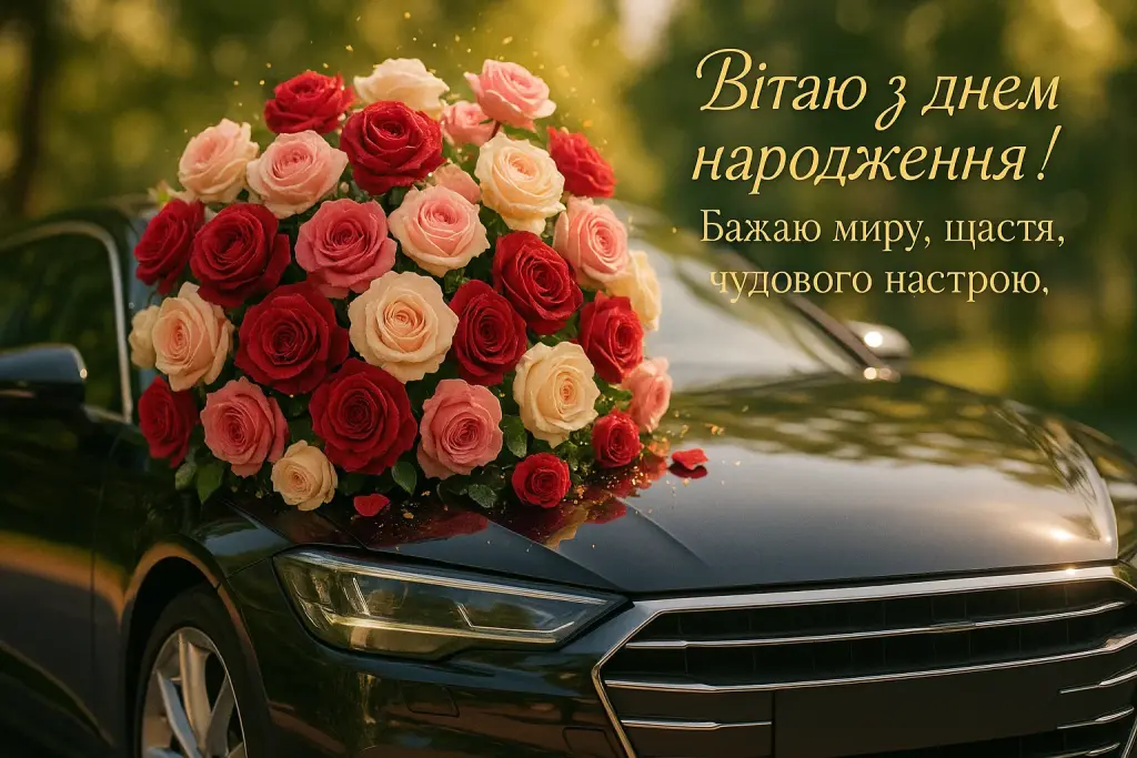 Красиві привітання з днем народження жінці з великим букетом квітів в картинках