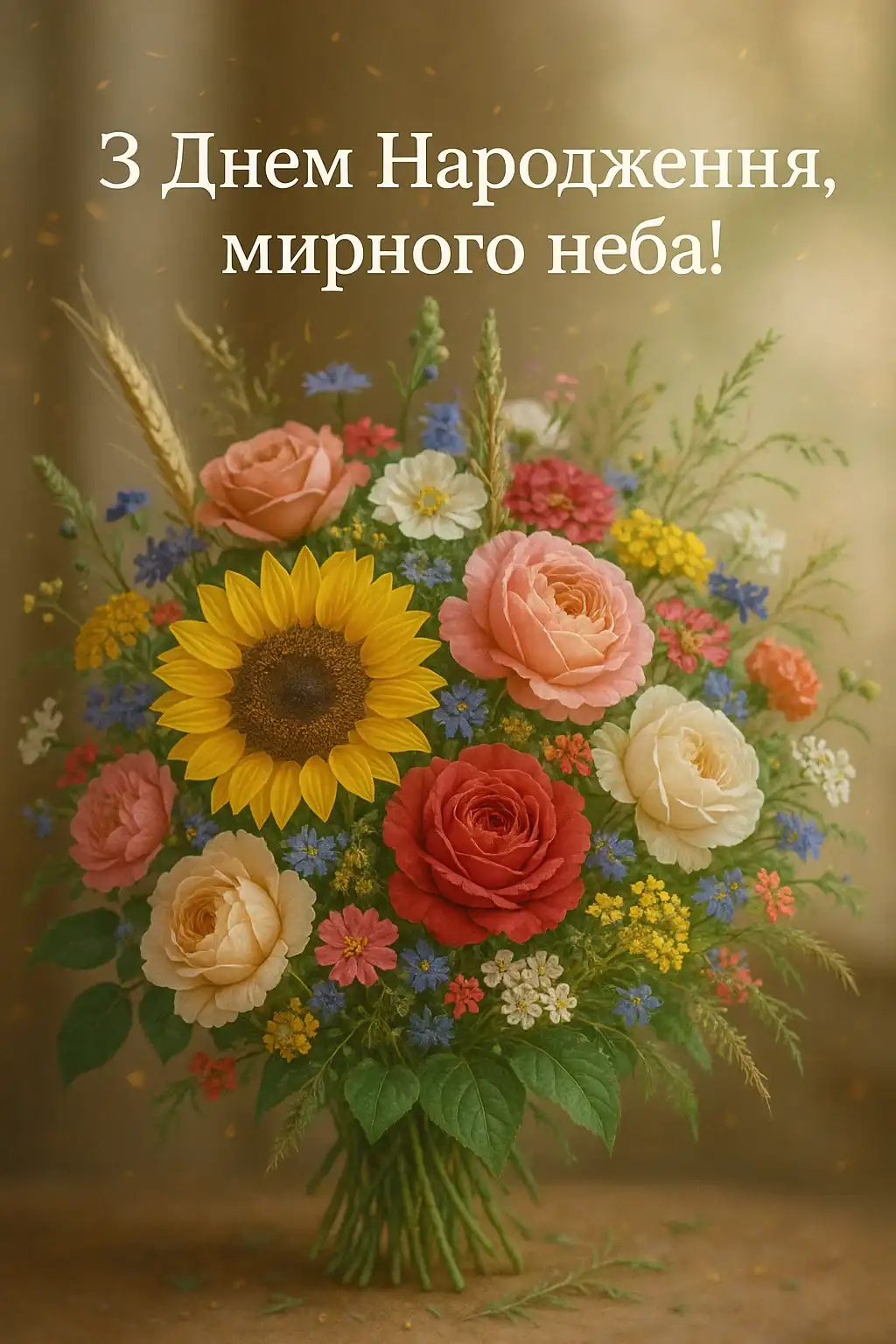 Красиві привітання з днем народження жінці з великим букетом квітів в картинках