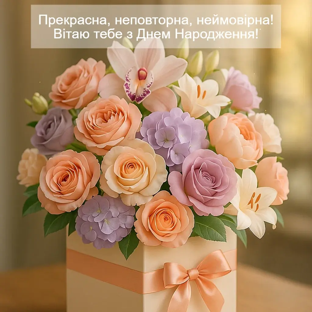 Красиві привітання з днем народження жінці з великим букетом квітів в картинках